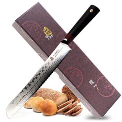 Tuo Cutlery 9 inch Bread Knife Japanese AUS 10D Damascus Steel Serrated Slicing Knife with Ergonomic G10 Handle RING D Series