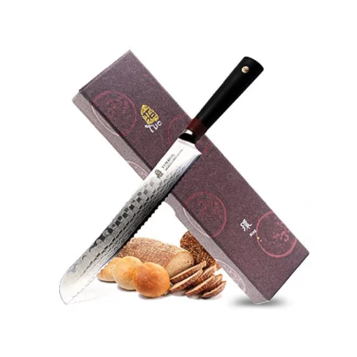 Tuo Cutlery 9 inch Bread Knife - Japanese AUS-10D Damascus Steel - Serrated Slicing Knife with Ergonomic G10 Handle - RING-D Series